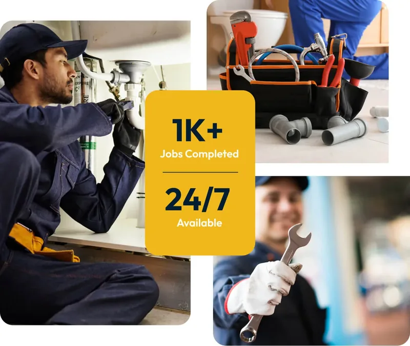 Plumber working under sink, tool kit, plumber holding wrench. Over 1,000 jobs completed, 24/7 available.